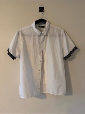 White Short-Sleeve Button-Down Shirt with Polka Dot Cuff Detail